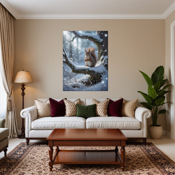 Leinwandbild Winterliche Eichhörnchenfreude fuer Wohnzimmer warmeFarben Hochformat