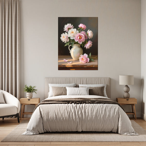 Leinwandbild Zarte Pfingstrosenpracht fuer Schlafzimmer grauoderbeige Hochformat