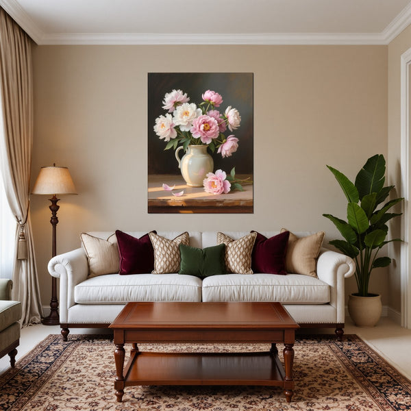 Leinwandbild Zarte Pfingstrosenpracht fuer Wohnzimmer warmeFarben Hochformat