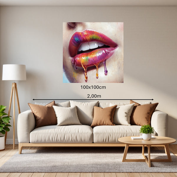 Poster Wandbild 100x100 cm Lebendige Lippen mit Farbträumen Quadrat