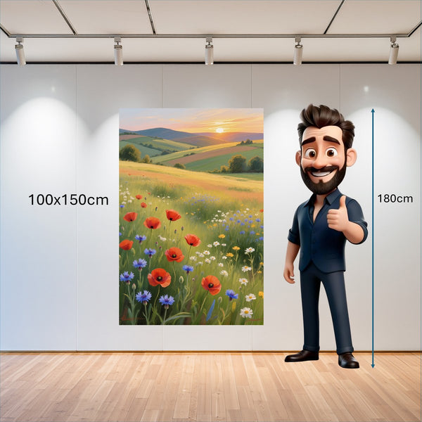 Poster Wandbild 100x150 cm Blühende Wiesen im Sonnenuntergang Hochformat
