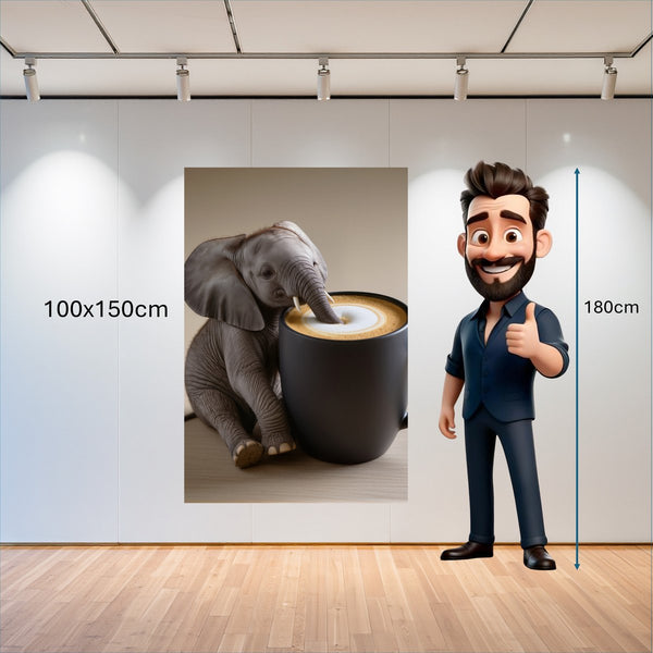 Poster Wandbild 100x150 cm Kaffeegenuss mit einem kleinen Elefanten Hochformat