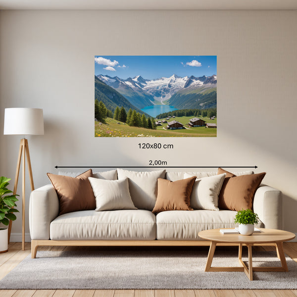 Poster Wandbild 120x80 cm Alpenlandschaft mit blühenden Wiesen Querformat