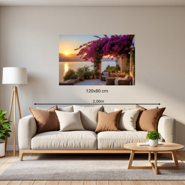 Poster Wandbild 120x80 cm Sonnenuntergang mit Bougainvillea Querformat