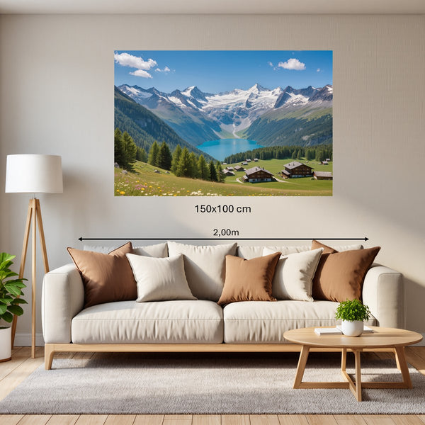 Poster Wandbild 150x100 cm Alpenlandschaft mit blühenden Wiesen Querformat