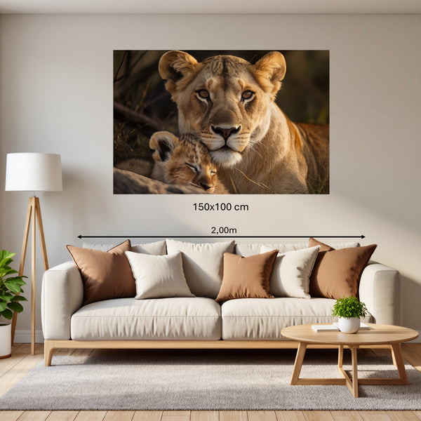 Poster Wandbild 150x100 cm Löwenmutter mit Jungtier Querformat