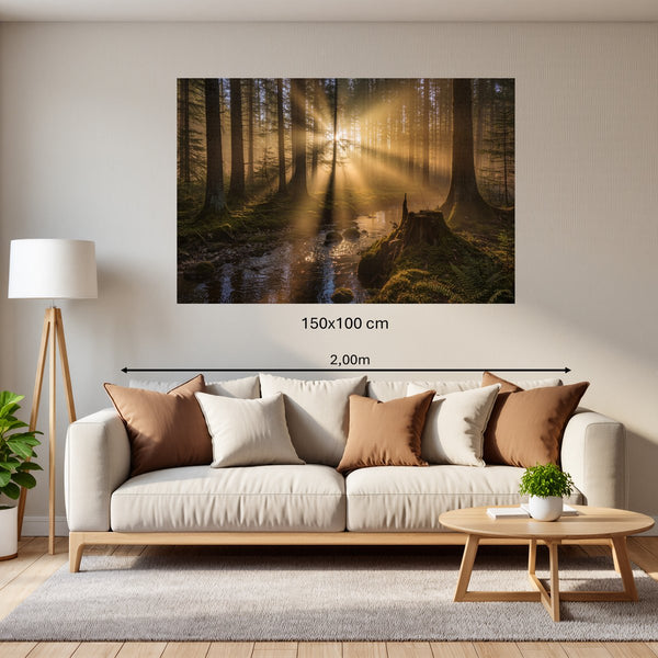 Poster Wandbild 150x100 cm Mystischer Wald mit Sonnenstrahlen Querformat