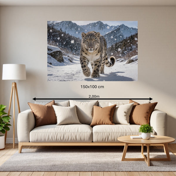 Poster Wandbild 150x100 cm Schneeleopard im Winterwunderland Querformat