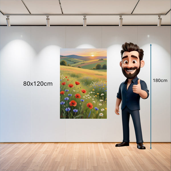 Poster Wandbild 80x120 cm Blühende Wiesen im Sonnenuntergang Hochformat