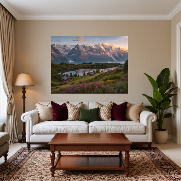 Poster Wandbild Alpenlandschaft bei Sonnenuntergang fuer Wohnzimmer warmeFarben Querformat