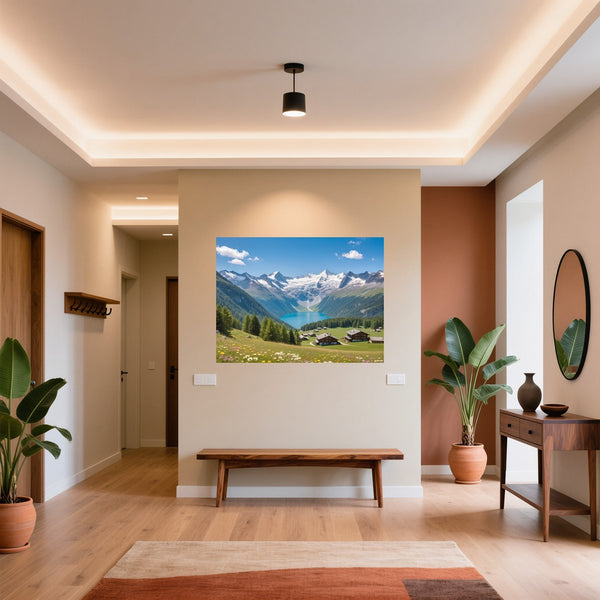 Poster Wandbild Alpenlandschaft mit blühenden Wiesen fuer Flur und Eingang warmeFarben Querformat