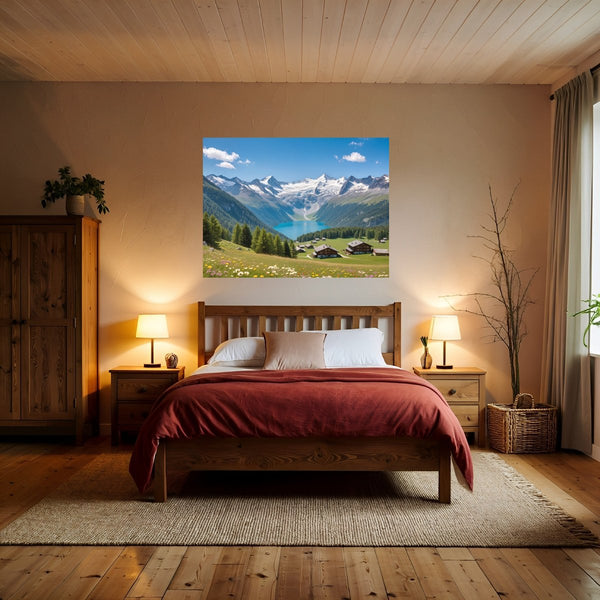 Poster Wandbild Alpenlandschaft mit blühenden Wiesen fuer Schlafzimmer warmeFarben Querformat