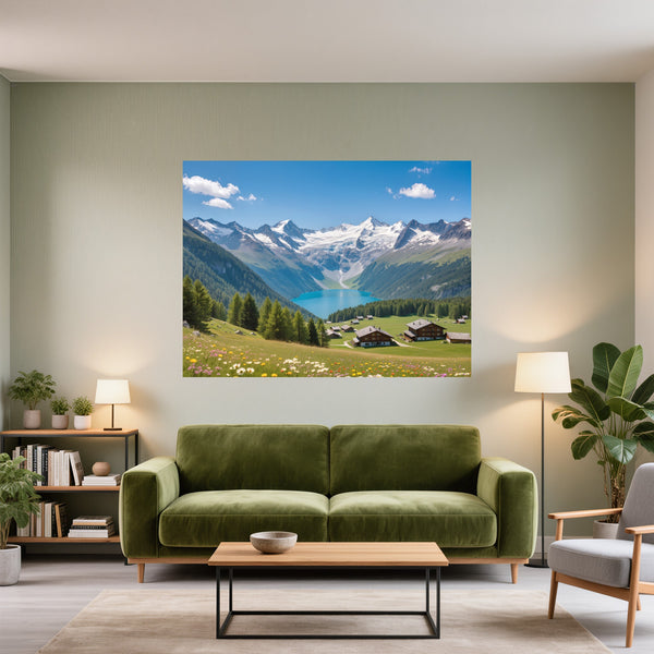 Poster Wandbild Alpenlandschaft mit blühenden Wiesen fuer Wohnzimmer gruen Querformat