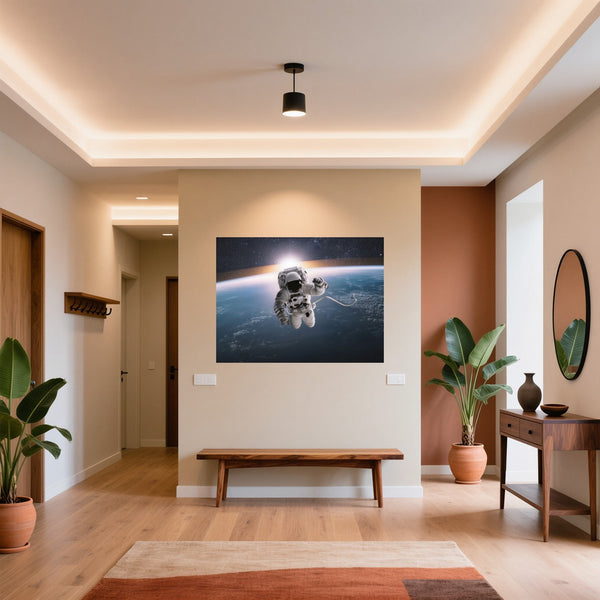 Poster Wandbild Astronaut im Weltall fuer Flur und Eingang warmeFarben Querformat