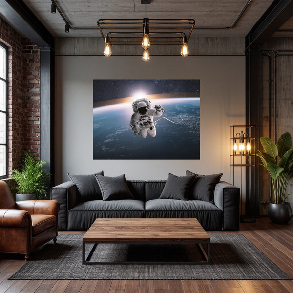 Poster Wandbild Astronaut im Weltall fuer Wohnzimmer dunkelanthrazit Querformat