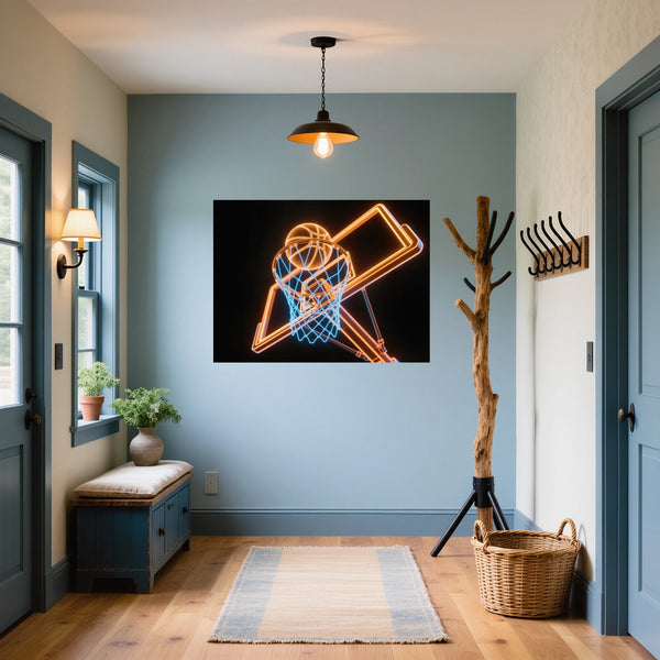 Poster Wandbild Basketball im Neonlicht fuer Flur und Eingang blau Querformat