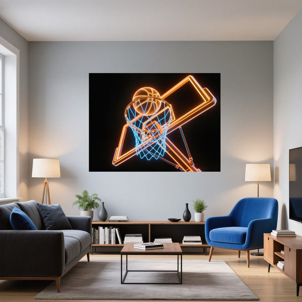 Poster Wandbild Basketball im Neonlicht fuer Wohnzimmer blau Querformat