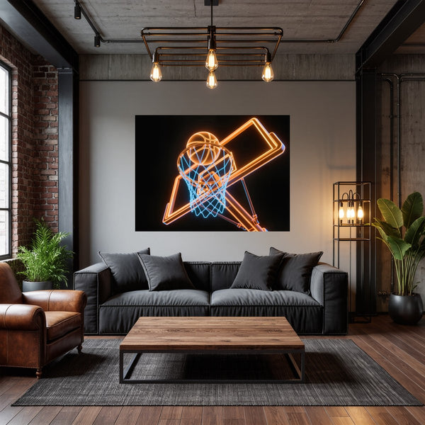Poster Wandbild Basketball im Neonlicht fuer Wohnzimmer dunkelanthrazit Querformat
