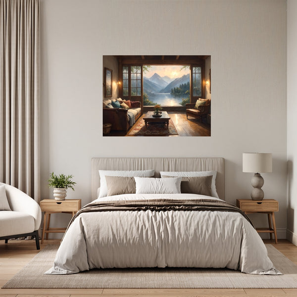 Poster Wandbild Bergblick im Wohnzimmer fuer Schlafzimmer grauoderbeige Querformat