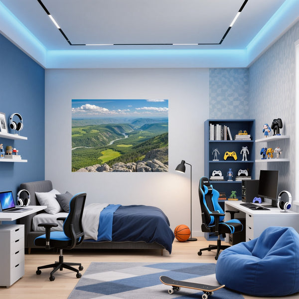 Poster Wandbild Berglandschaft im Sommer fuer Jugendzimmer blau Querformat