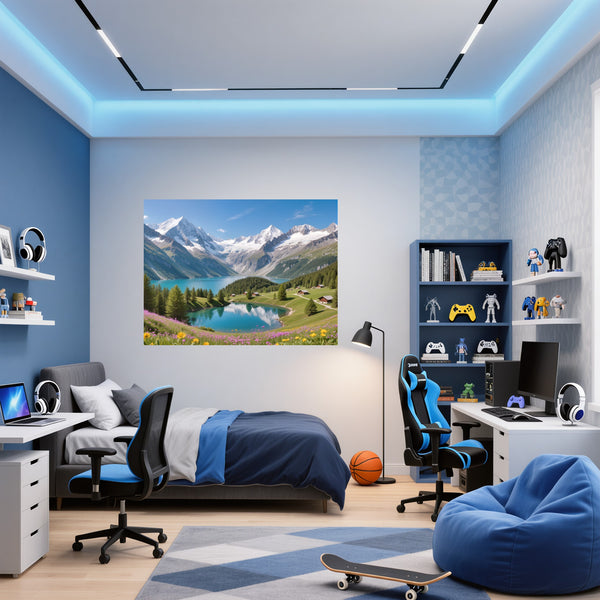 Poster Wandbild Berglandschaft mit See fuer Jugendzimmer blau Querformat