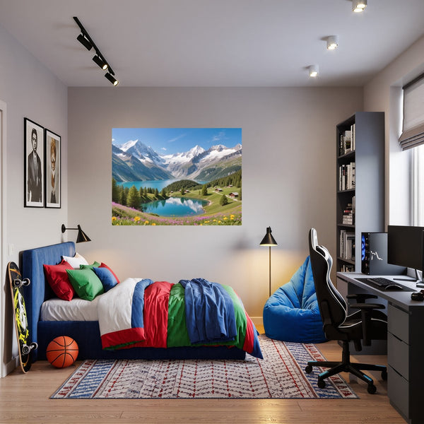 Poster Wandbild Berglandschaft mit See fuer Jugendzimmer warmeFarben Querformat