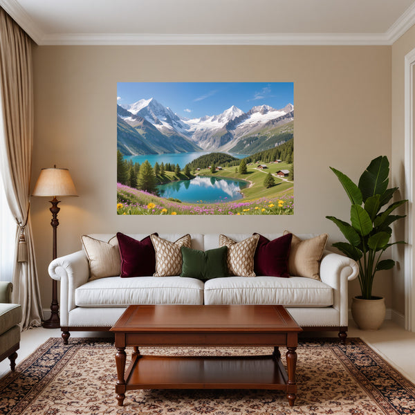 Poster Wandbild Berglandschaft mit See fuer Wohnzimmer warmeFarben Querformat