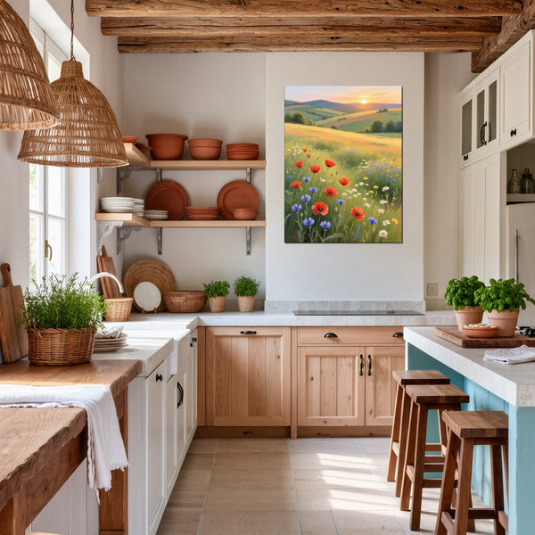 Poster Wandbild Blühende Wiesen im Sonnenuntergang fuer Kueche und Esszimmer warmeFarben Hochformat