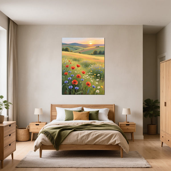Poster Wandbild Blühende Wiesen im Sonnenuntergang fuer Schlafzimmer gruen Hochformat