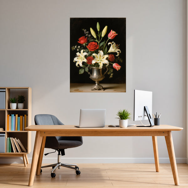 Poster Wandbild Blütenzauber im Silberbecher fuer Buero und Arbeitszimmer warmeFarben Hochformat
