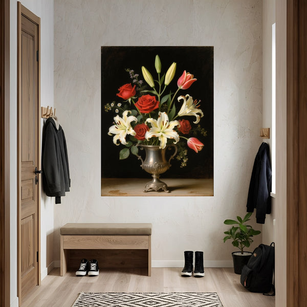 Poster Wandbild Blütenzauber im Silberbecher fuer Flur und Eingang grauoderbeige Hochformat