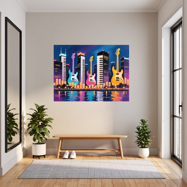 Poster Wandbild Bunte Gitarren in der Stadt fuer Flur und Eingang grauoderbeige Querformat