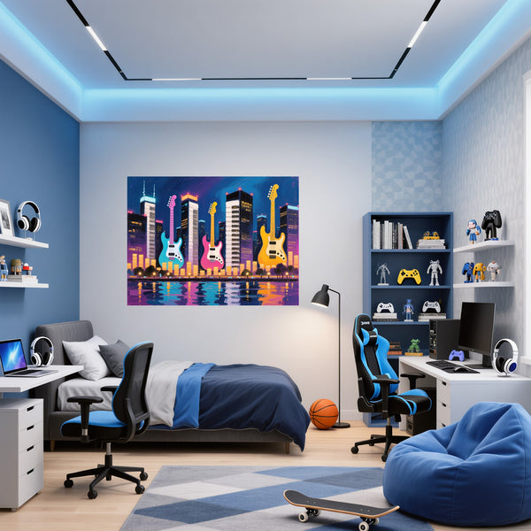 Poster Wandbild Bunte Gitarren in der Stadt fuer Jugendzimmer blau Querformat