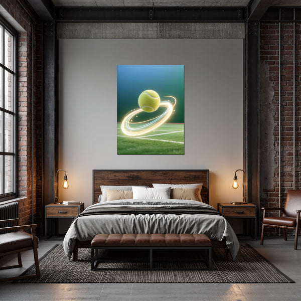 Poster Wandbild Dynamischer Tennis-Moment fuer Schlafzimmer dunkelanthrazit Hochformat