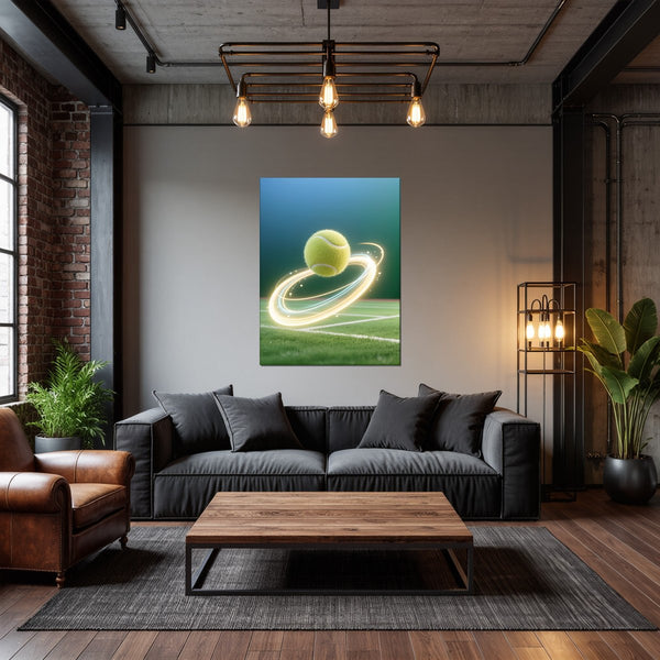 Poster Wandbild Dynamischer Tennis-Moment fuer Wohnzimmer dunkelanthrazit Hochformat