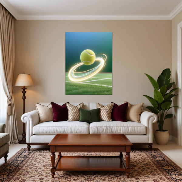 Poster Wandbild Dynamischer Tennis-Moment fuer Wohnzimmer warmeFarben Hochformat