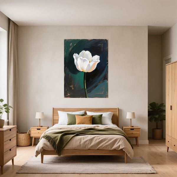 Poster Wandbild Elegante weiße Tulpe fuer Schlafzimmer gruen Hochformat