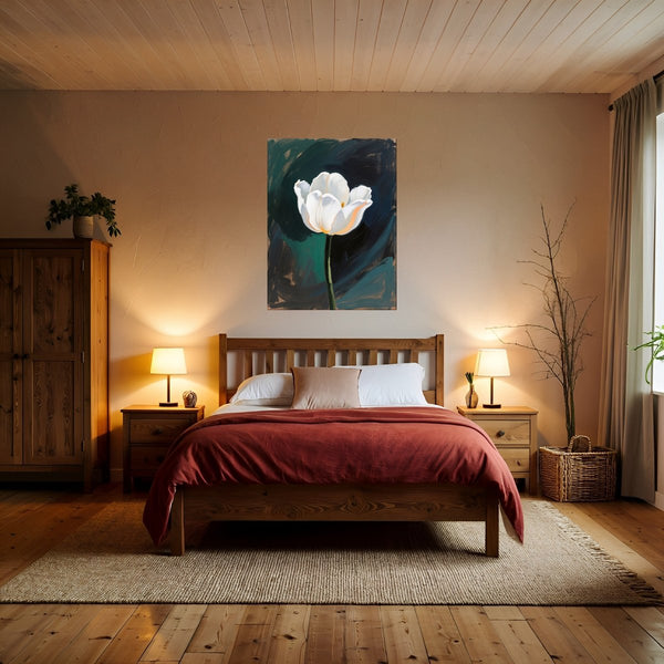 Poster Wandbild Elegante weiße Tulpe fuer Schlafzimmer warmeFarben Hochformat