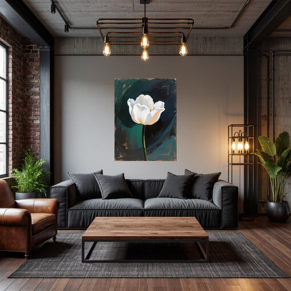 Poster Wandbild Elegante weiße Tulpe fuer Wohnzimmer dunkelanthrazit Hochformat