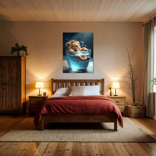 Poster Wandbild Entspanntes Löwenbaby im Glas fuer Schlafzimmer warmeFarben Hochformat