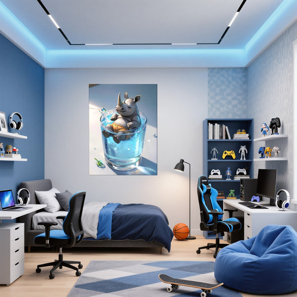 Poster Wandbild Entspanntes Nashorn im Glas fuer Jugendzimmer blau Hochformat