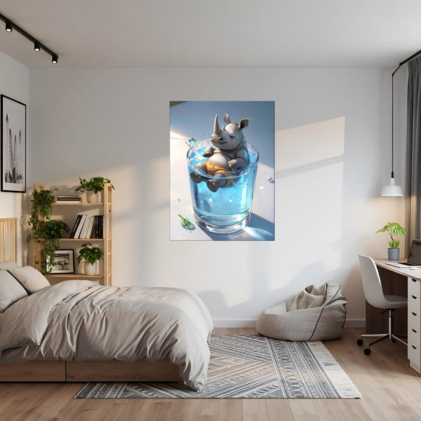 Poster Wandbild Entspanntes Nashorn im Glas fuer Jugendzimmer grauoderbeige Hochformat