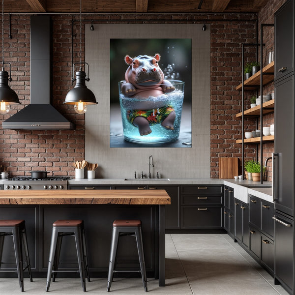 Poster Wandbild Entspanntes Nilpferd im Glas fuer Kueche und Esszimmer dunkelanthrazit Hochformat