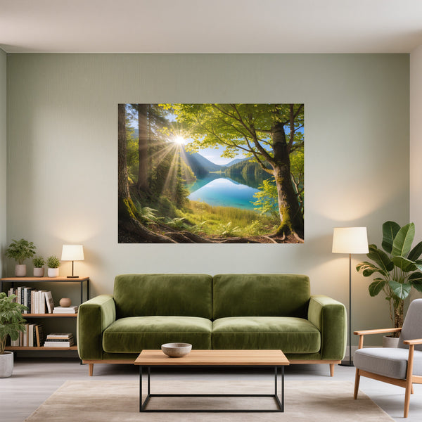 Poster Wandbild Friedliche Naturansicht fuer Wohnzimmer gruen Querformat