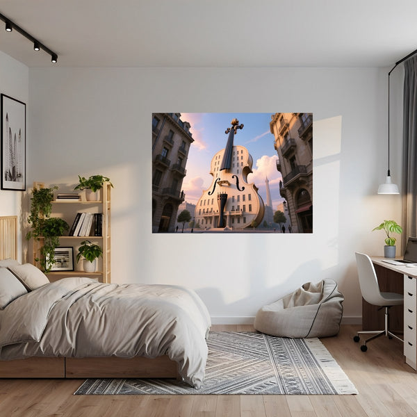 Poster Wandbild Gigantische Violine in der Stadt fuer Jugendzimmer grauoderbeige Querformat