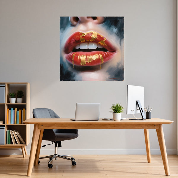 Poster Wandbild Goldene Lippenpracht B-00013 fuer Buero und Arbeitszimmer grauoderbeige Quadrat