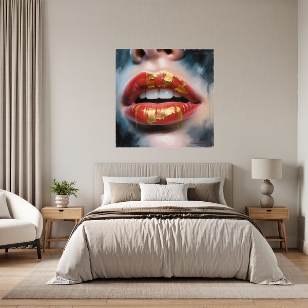 Poster Wandbild Goldene Lippenpracht B-00013 fuer Schlafzimmer grauoderbeige Quadrat