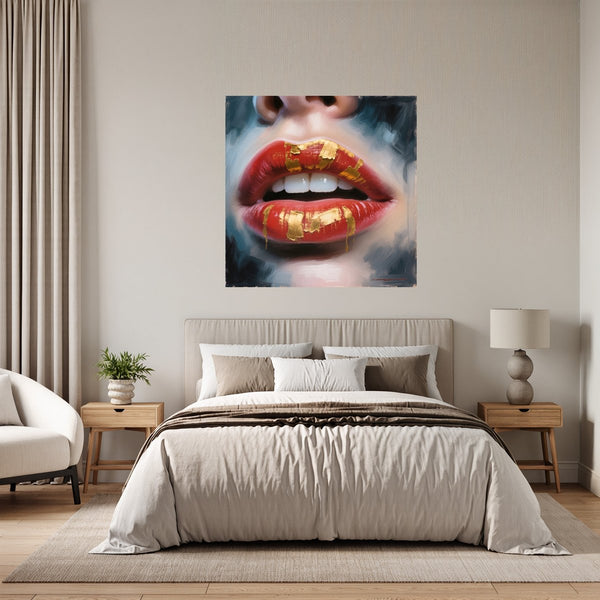 Poster Wandbild Goldene Lippenpracht B-00013 fuer Schlafzimmer grauoderbeige Quadrat