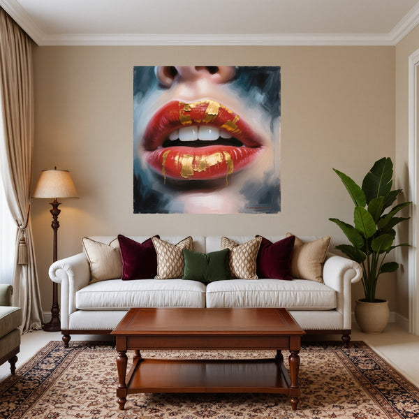 Poster Wandbild Goldene Lippenpracht B-00013 fuer Wohnzimmer warmeFarben Quadrat
