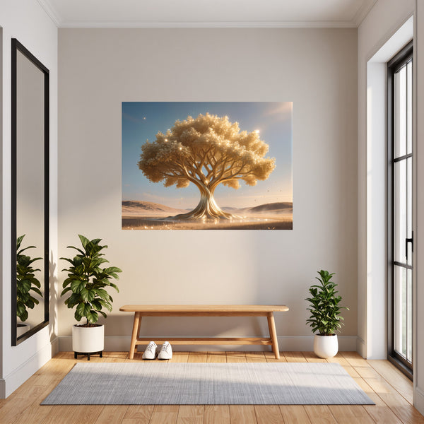 Poster Wandbild Goldener Baum in der Natur fuer Flur und Eingang grauoderbeige Querformat